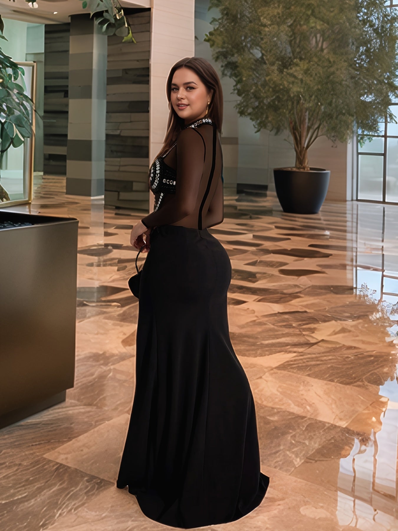 PORRCEY Women's Sexy Rhinestone Evening Dress - Mesh & Rhinestone Detailing, Bodycon Silhouette, Semi-Sheer Long Sleeve Party Gown with Stand-Up Collar, Hand Wash Only, All-Season Formal Wear, Chic Dress